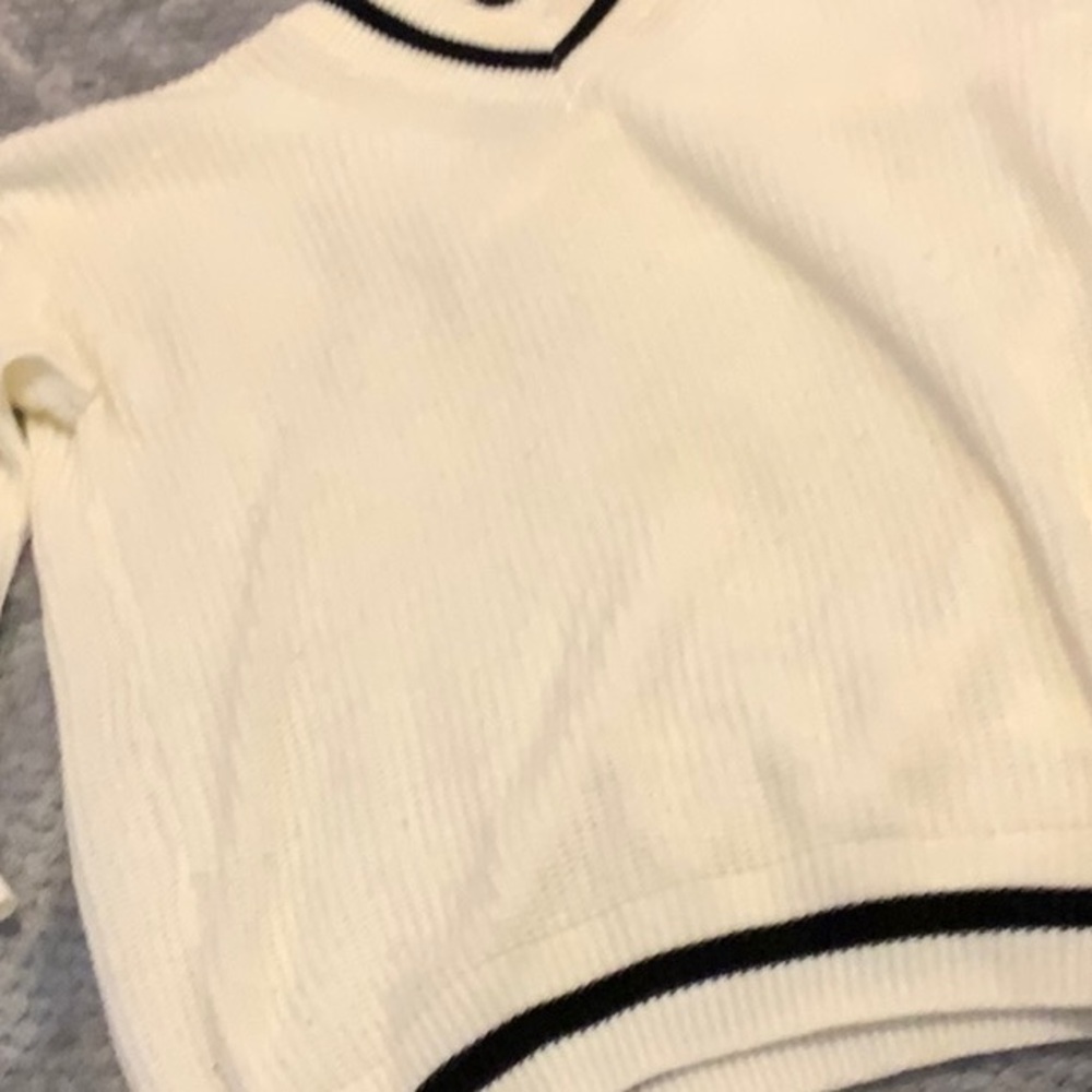 V-Neck White Sweater with Black Trim